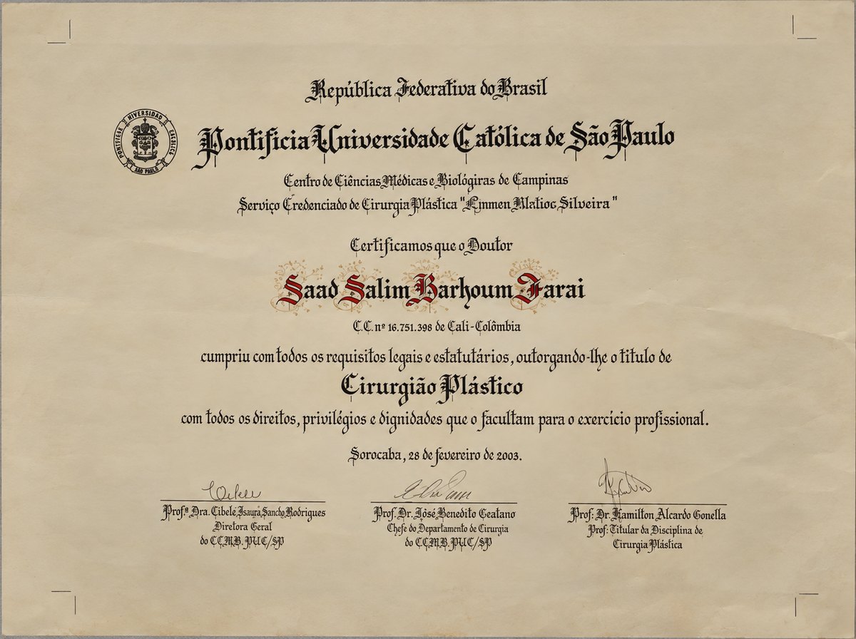 Diploma de Cirujano Plástico, Pontificia Universidad Católica de São Paulo.