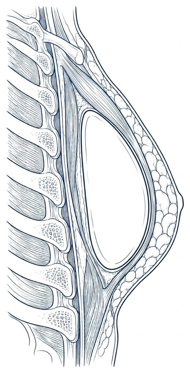 Corte lateral del tórax: el implante detrás del músculo pectoral, que lo cubre por delante hasta abajo.