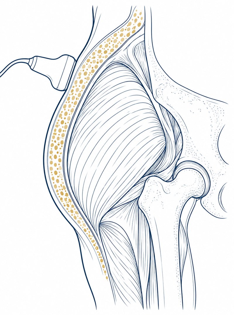 Corte lateral de la cadera: el músculo glúteo y, encima, una capa dorada de grasa; arriba, el transductor de un ecógrafo.