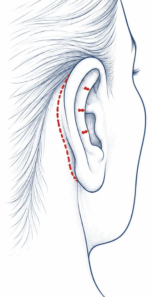 Oreja vista de lado con una línea roja punteada en el pliegue de detrás de la oreja.
